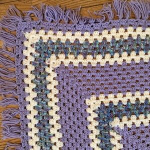 Vtg Large Afghan Blanket Throw Hand Made Crochet Granny Square‎ 60 x60" Fringe